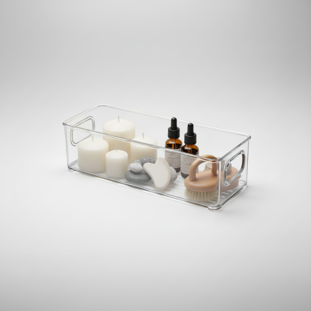 Gjennomsiktig oppbevaringsboks med håndtak – plast organizer til kjøkken og bad