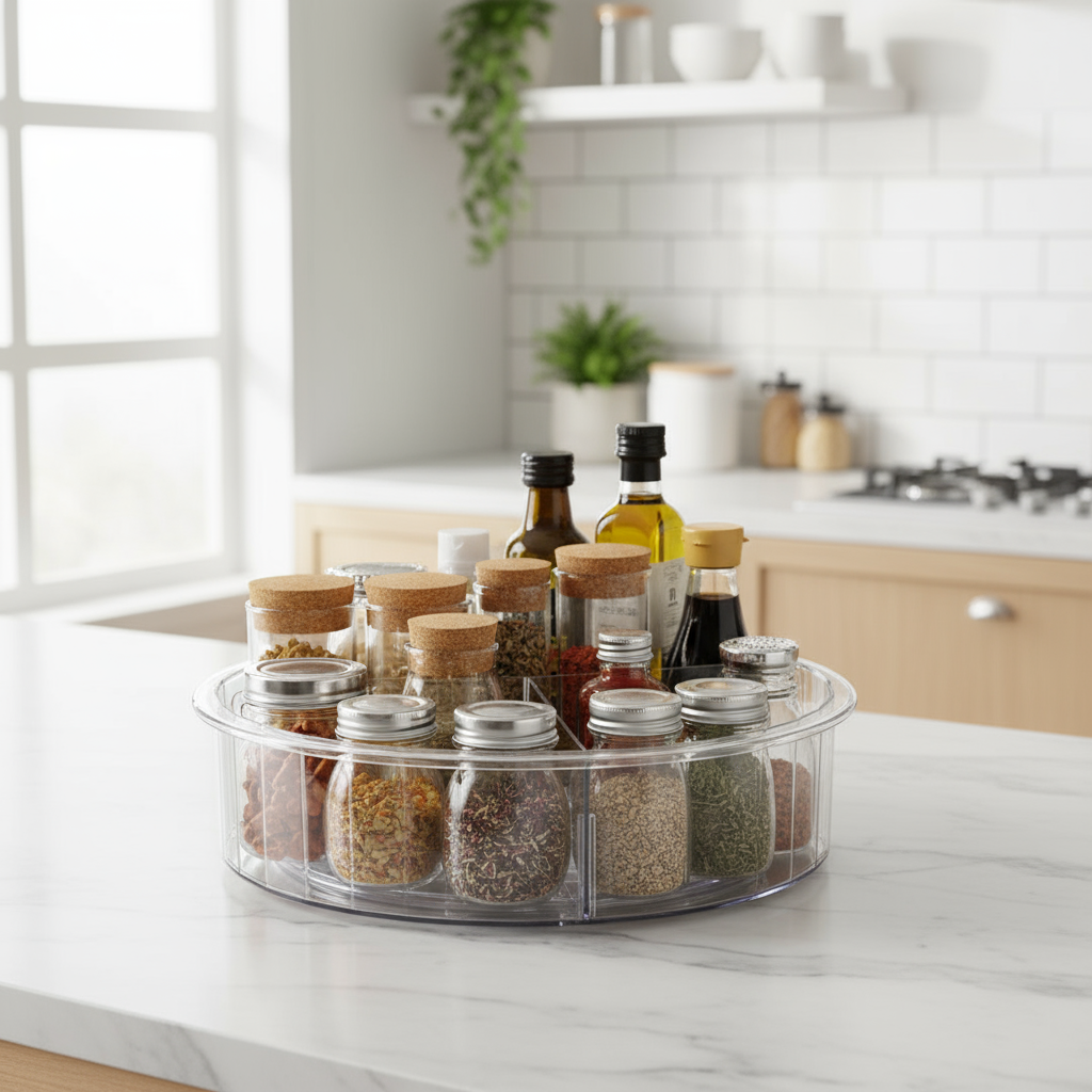 Transparent oppbevaringsbrett som roterer 360 grader for enkel tilgang