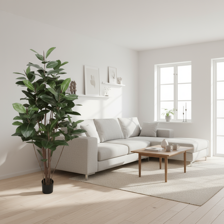 Kunstig grønn plante med fyldig bladverk i potte