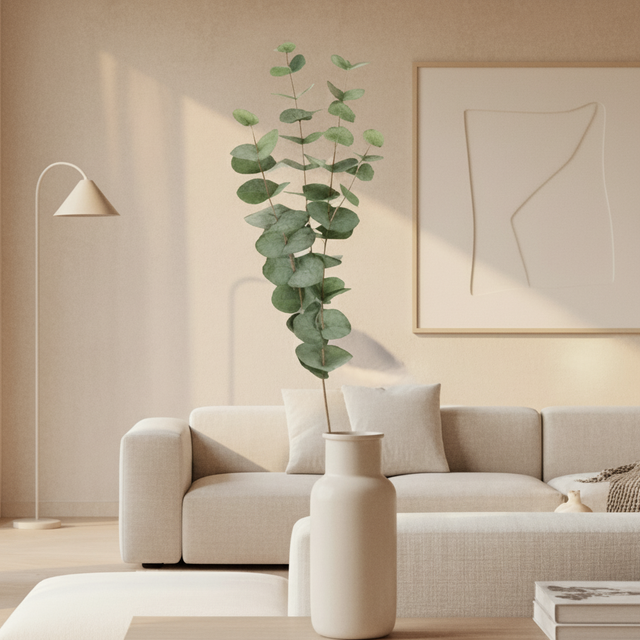 Kunstig eucalyptusplante fra Mr. Plant i hvit vase på stuebord