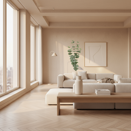 Kunstig grønn plante i vase på lys benkeplate fra Lindas Dekor