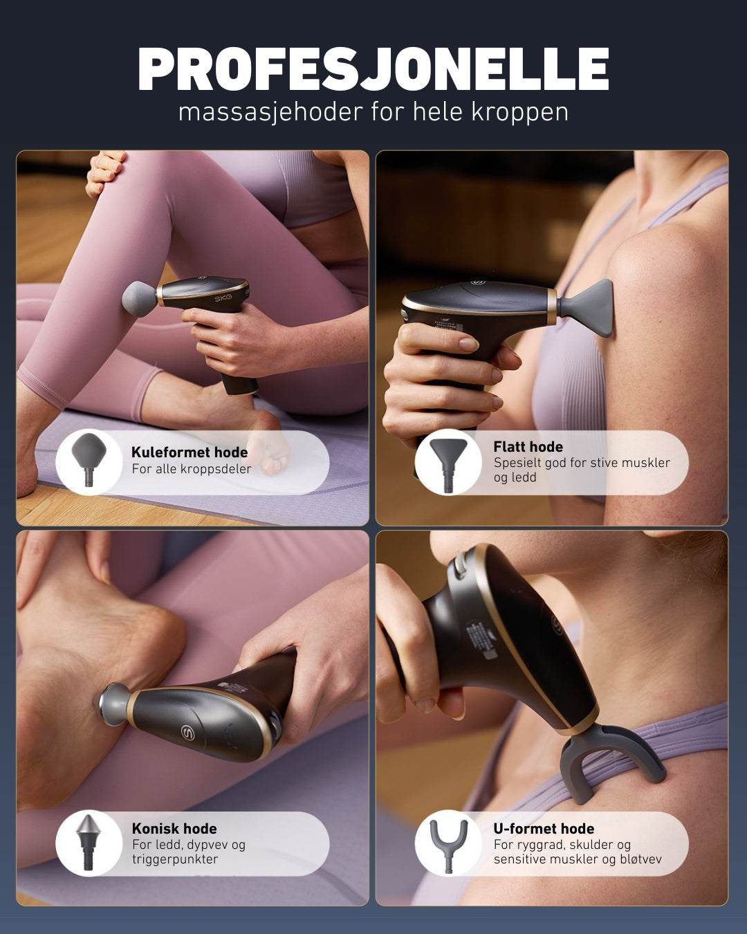 Fire utskiftbare massasjehoder til FS700 – for rygg, skuldre, ben, ledd og triggerpunkter.