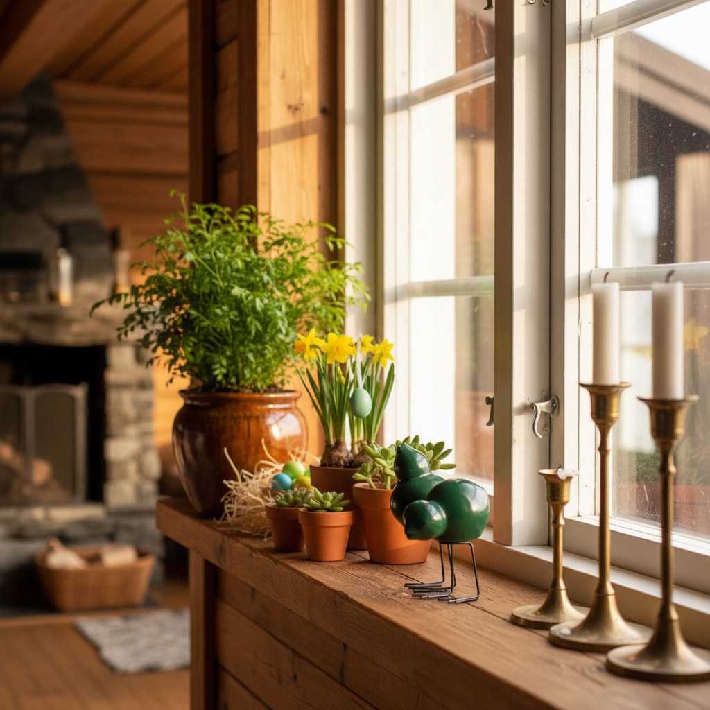 Pure keramikkpotte diameter 16 cm i vinduskarm med grønn plante i norsk hytteinteriør.

