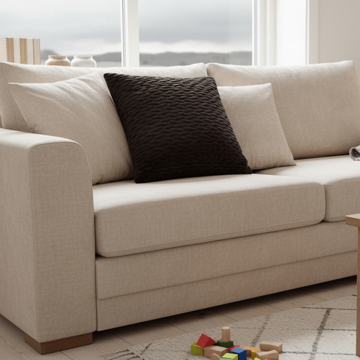 Sort pyntepute i velur på hvit sofa med lyse tekstiler