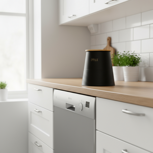 Box för diskmedel, svart metall