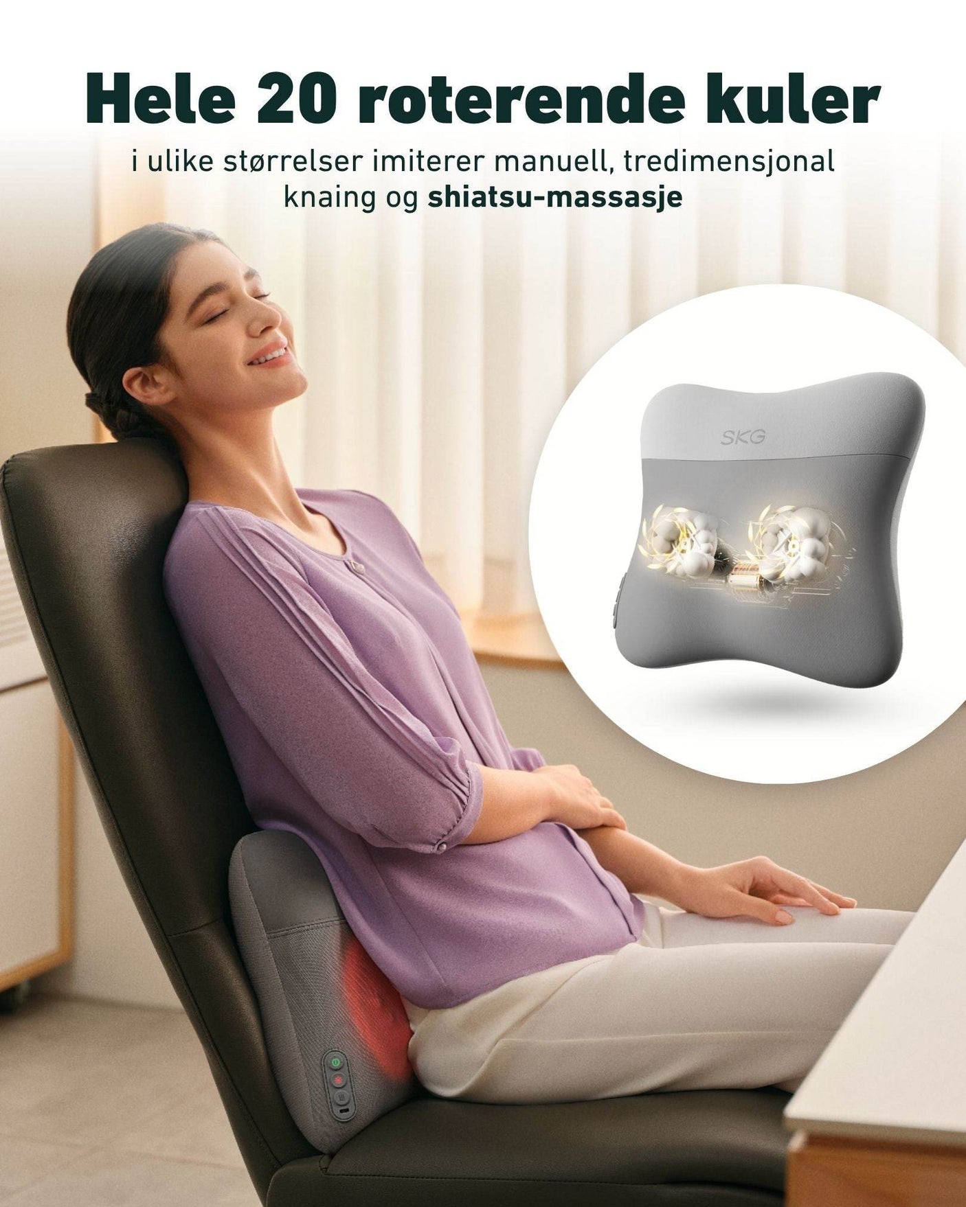 SKG VS500 massasjepute med 20 roterende kuler, dobbeltsidig varme og memory foam – sammenlignet med enkel massasjepute fra andre merker