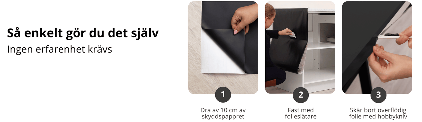 Steg-för-steg-guide för montering av svart kontaktplast på köksluckor – dra av skyddspappret, fäst folien och skär bort överflödigt material.