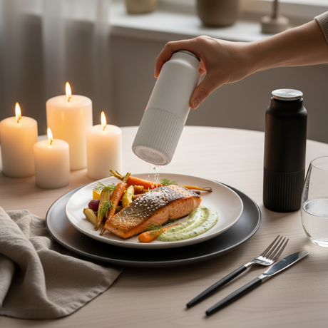 svart og hvit krydderkvern sett på kjøkkenbenk