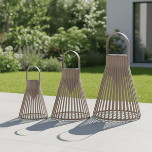 Solarlykt brun sett med tre størrelser i dekorativ metallutførelse til hage og terrasse