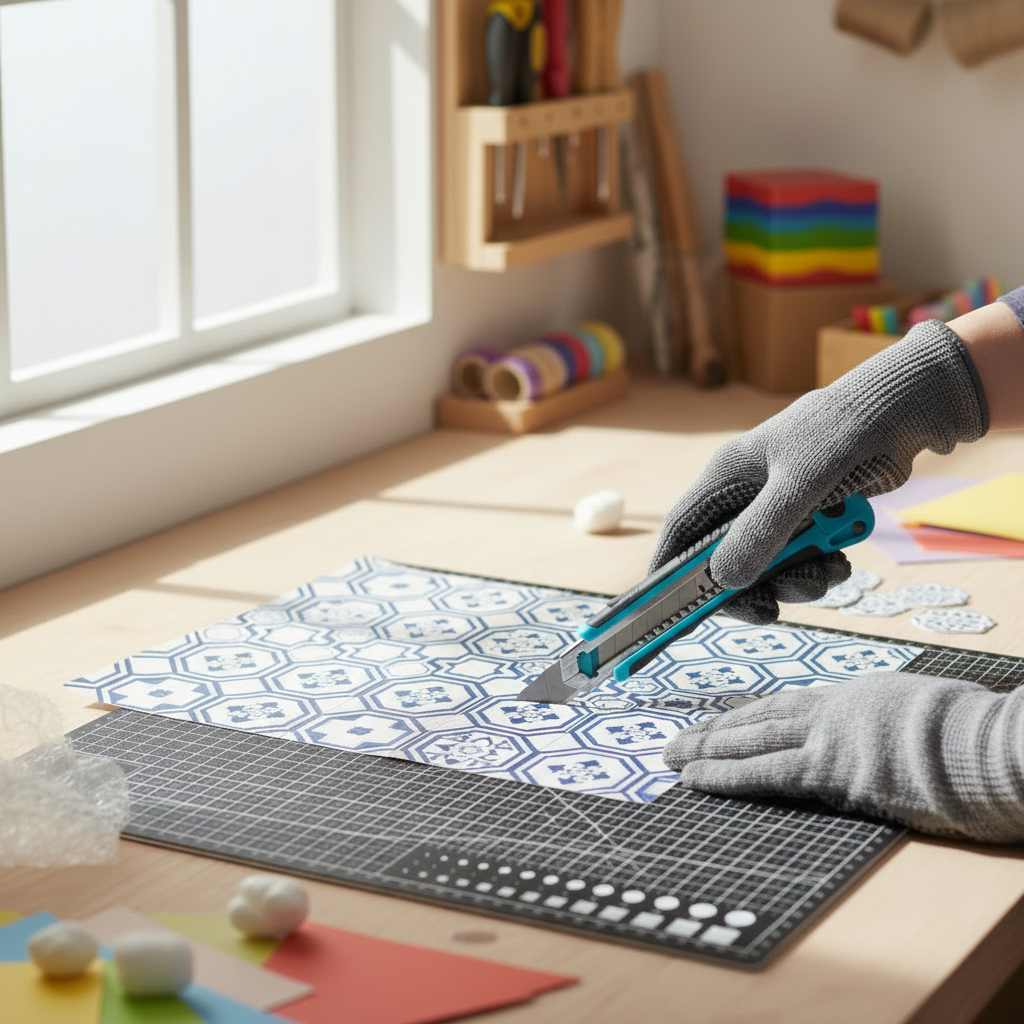 Skjærematte og utstyrskniv i bruk på kjøkkenbenk til å kutte dekorative fliseklistremerker presist.

