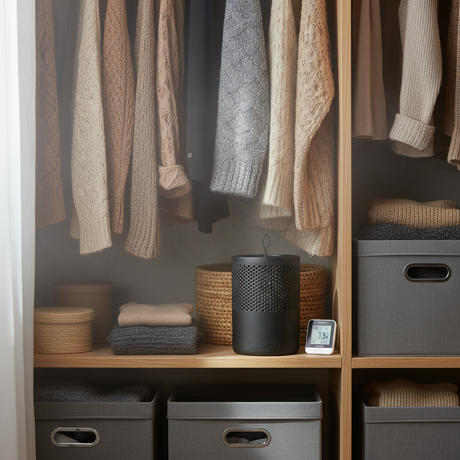 Detaljbilde av svart luftavfukter med perforert overflate