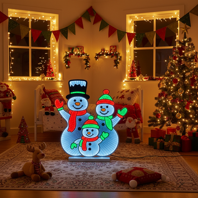 Tosidig LED-lysskilt med snømenn 66 x 66 cm stående på gulvet i koselig julepyntet barnerom med juledekorasjoner og lysslynger