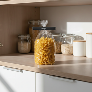 Sort poseklips brukt til å lukke pastapose i kjøkkenskap – smart oppbevaring og mindre matsvinn