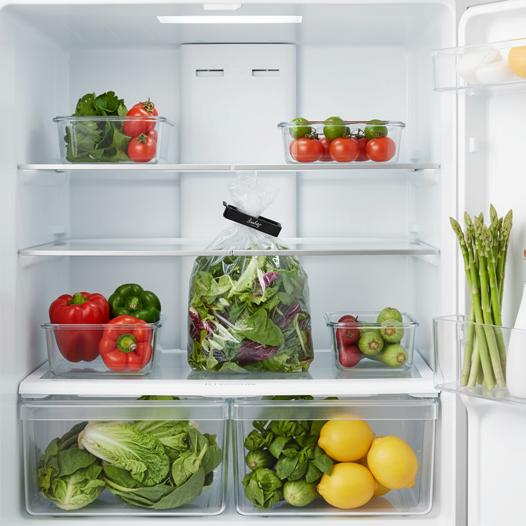 Gjenbrukbar sort poseklips som organiserer og lukker matposer i kjøleskapet