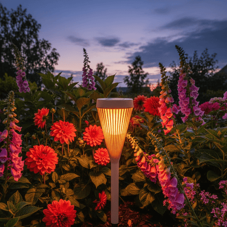 Solflamelampe blandt dahlier