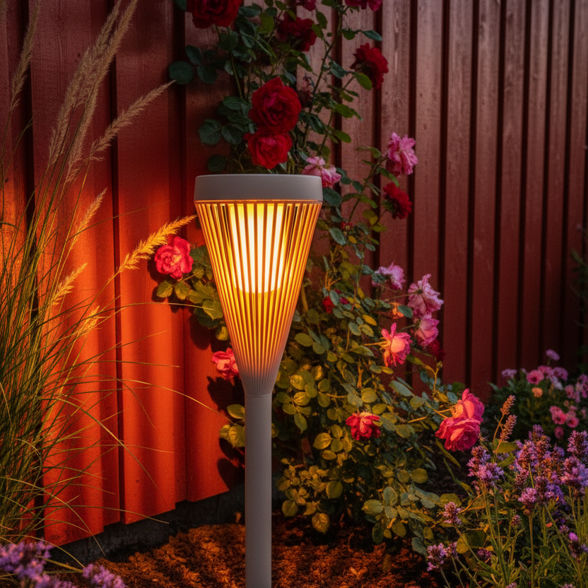 Solflammlampe ved rød norsk hegn