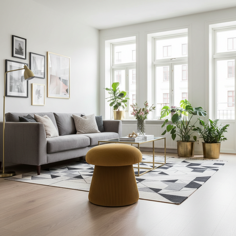 Oker velour puff som dekorativt blikkfang i hjemmet