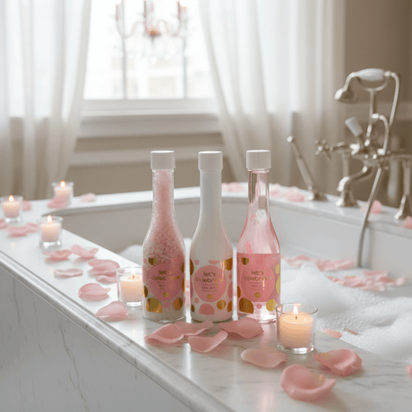 Rosa välvärelsesett med dusjsåpa, bodylotion och badesalt på dekorerat gåvobord