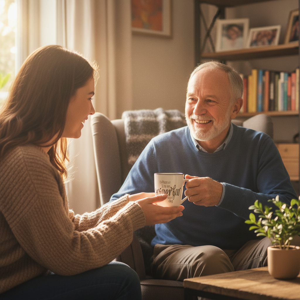 Svigerdatter gir hvit kopp med teksten 'Lykken er å ha en svigerfar som deg' til sin svigerfar i et hjemmekoselig miljø. Svigerfar mottar gaven med et varmt smil i en intim familiesammenkomst.