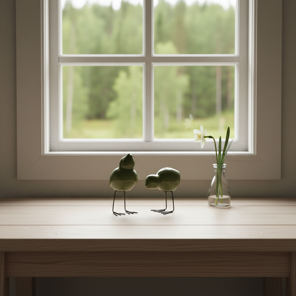 DBKD swedish birds i grønn på trehylle med vårblomster i skandinavisk hyttemiljø.