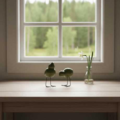 DBKD swedish birds i grønn på trehylle med vårblomster i skandinavisk hyttemiljø.