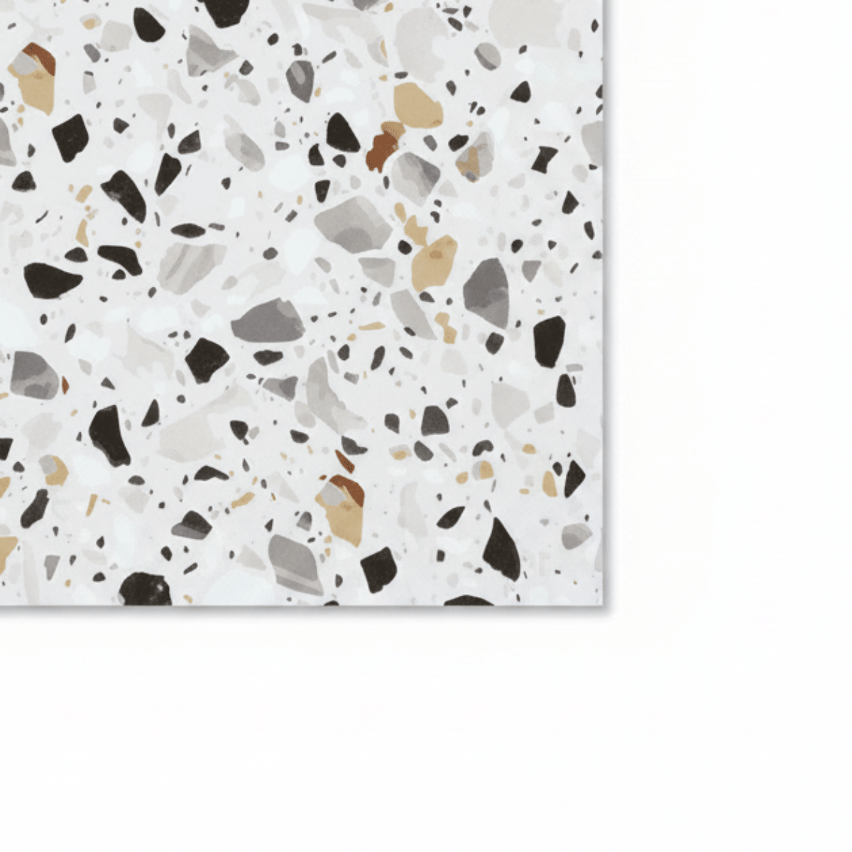 Nærbilde av Sirocco Soft Terrazzo med hvit bunn og terrazzo spetter i grått, sort og beige. - Lindas dekor