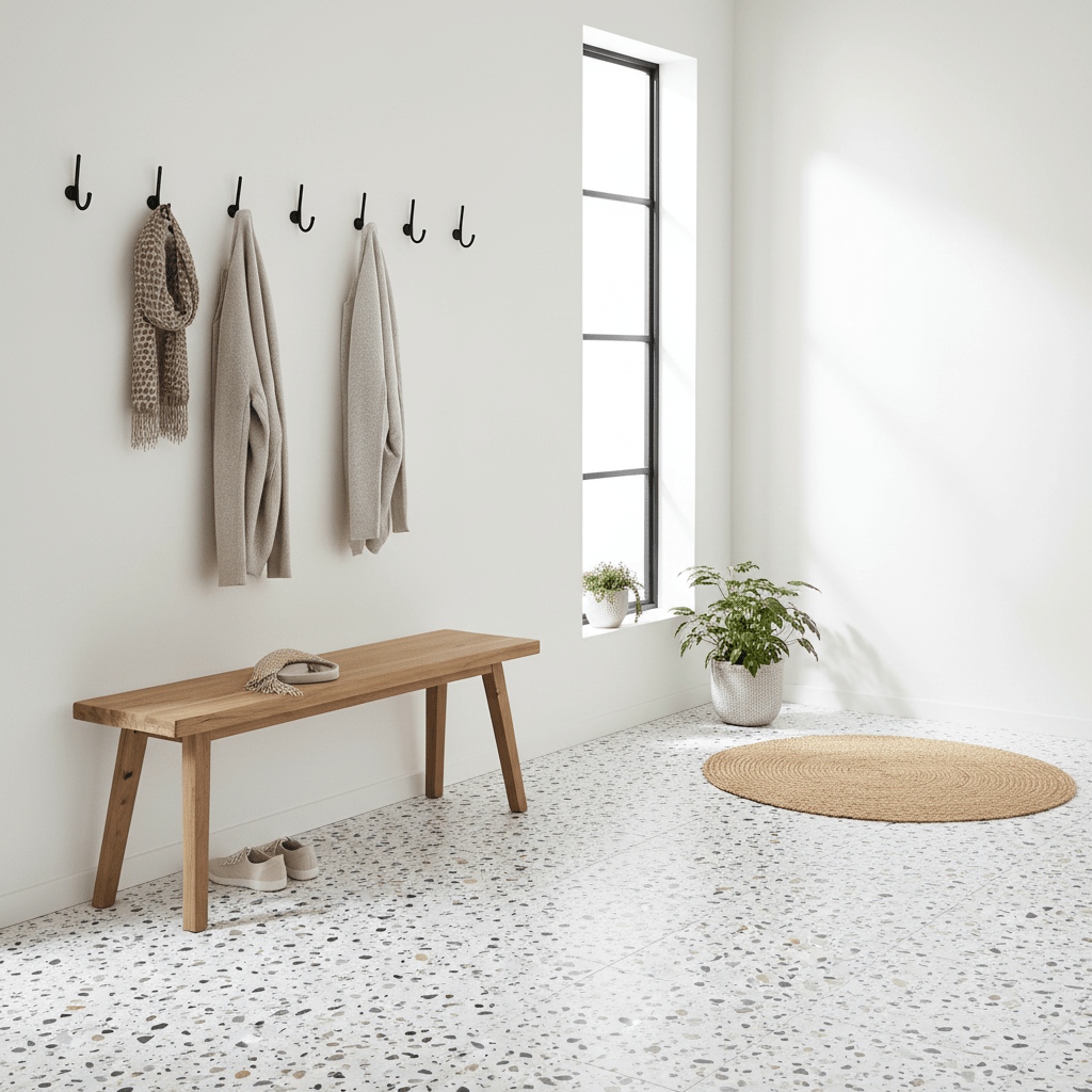 Sirocco Soft Terrazzo gulvfliser montert i nordisk moderne gang med naturlig lys. - Lindas dekor