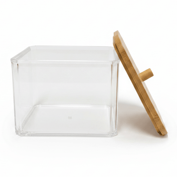 Oppbevaringsboks med klart materiale og avtakbart bambuslokk for enkel organisering. - Lindas dekor