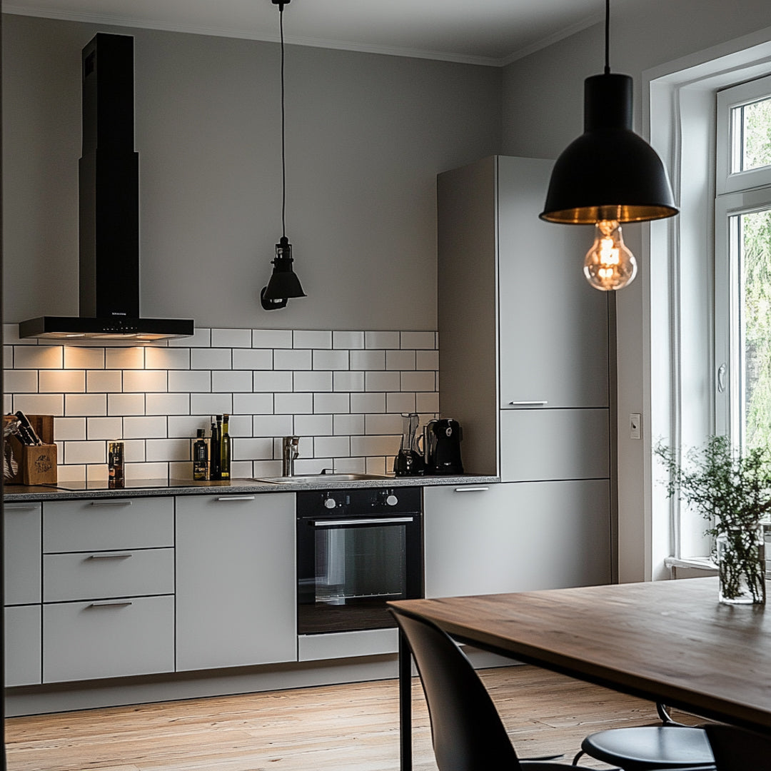 Moderne kjøkken med Uni Matt Grå kontaktplast på skapdørene og hvite fliser som gir et stilrent og tidløst uttrykk