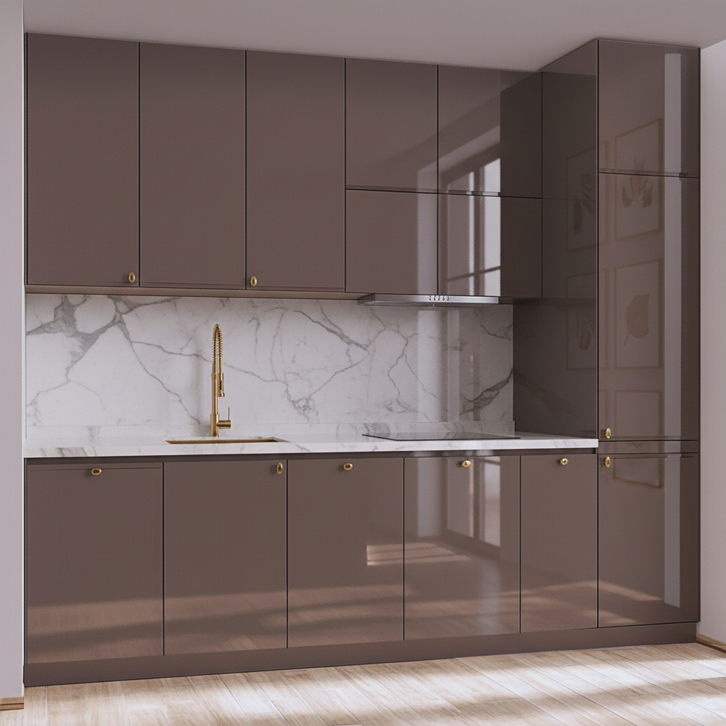 Uni lack taupe kontaktplast på kjøkkenskap med høyglanset finish