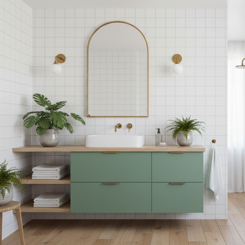 Uni matt jade green kontaktplast på baderomskap i skandinavisk bad