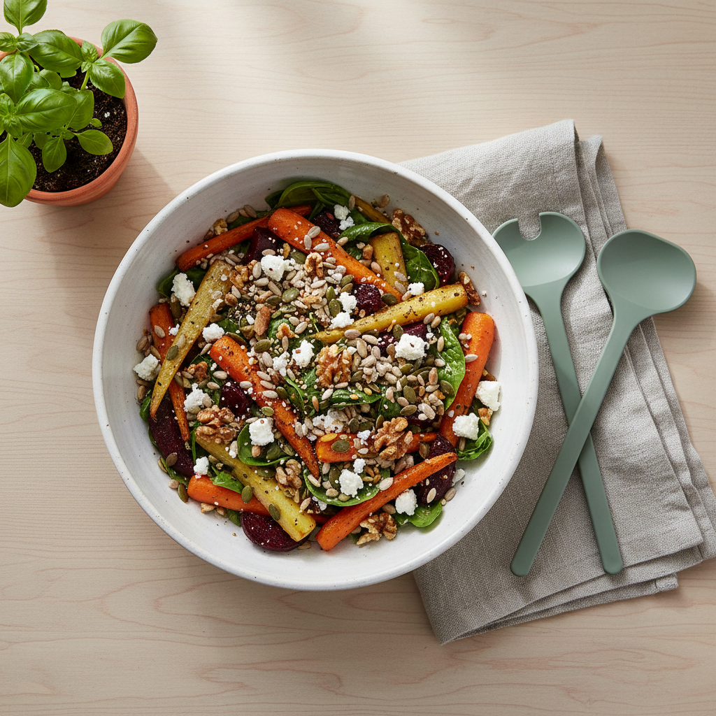 Mepal Silueta salatbestikk ved bolle med fargerik salat på dekket bord