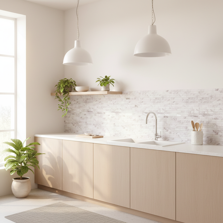 Vidvinkel nordisk kjøkken med marmorfliser