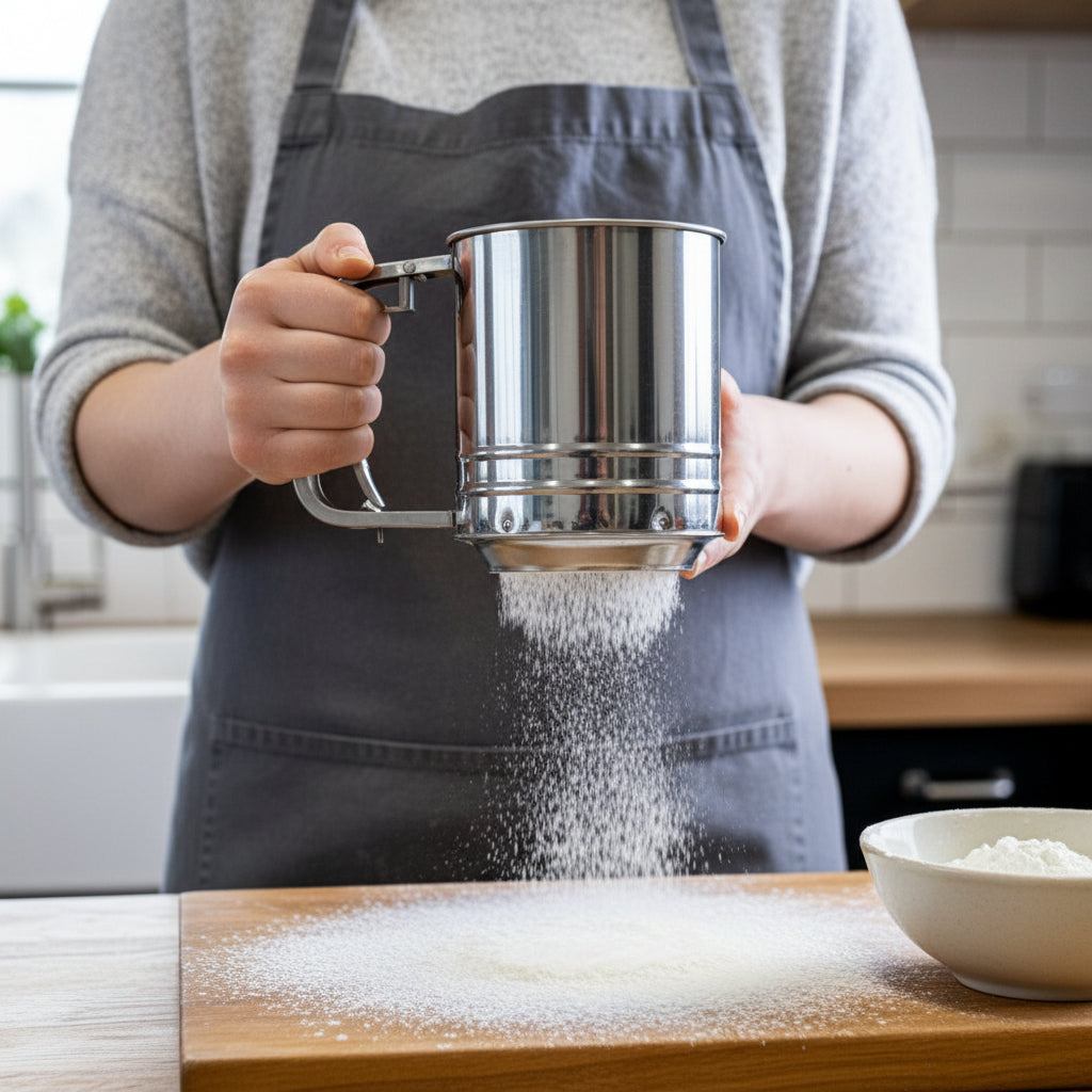 Melsikt i rustfritt stål fra KitchenCraft i bruk til sikting av mel over bakebord