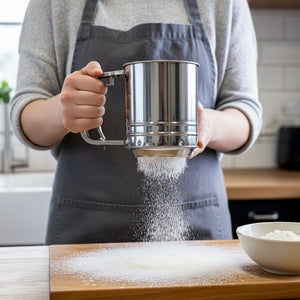 Melsikt i rustfritt stål fra KitchenCraft i bruk til sikting av mel over bakebord