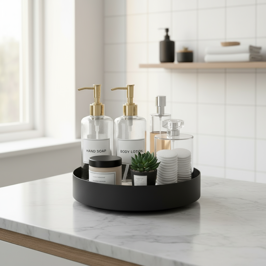 Snurrebrett i matt sort metall med produkter på kjøkkenbenk