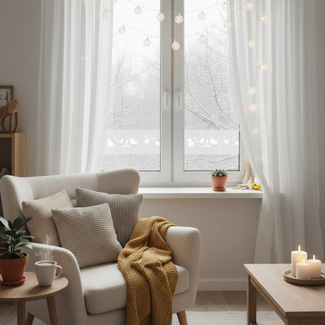 Återanvändbar vinterfolie på fönster med ljus och julpynt från Lindas Dekor