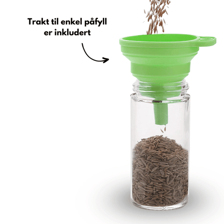 Rund krydderglass med tæt lokk for at bevare friskheden

