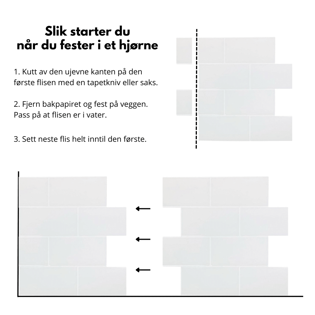 Produktinformation och mått på Subway-vita självklistriga fliser.