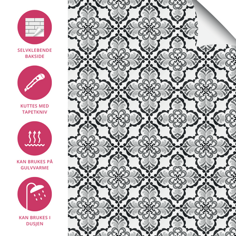 Dekorative fliser i dempede toner til bad, entré og kjøkken. informasjon